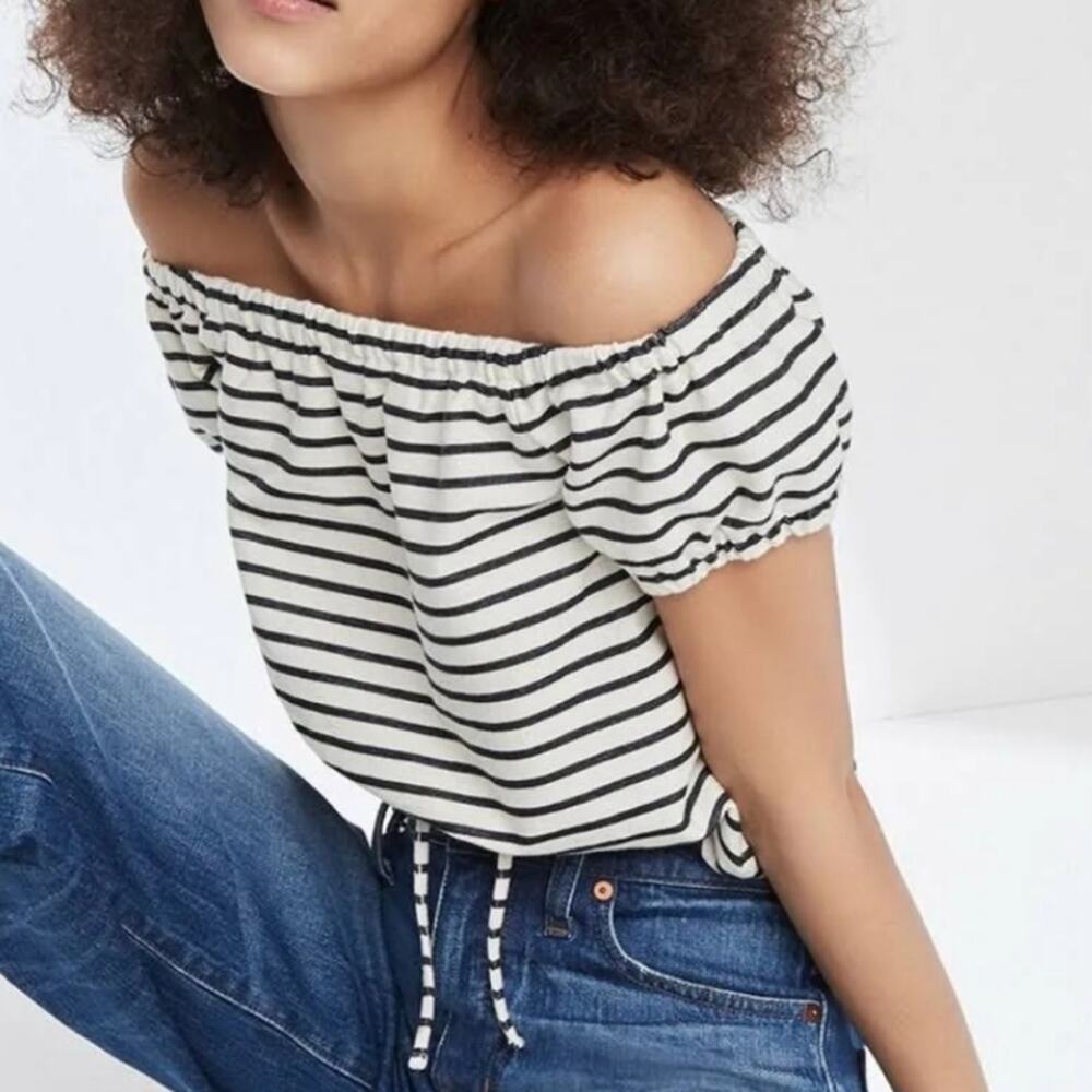 Madewell Stripe Off the Shoulder Top Drawstring Waist Black and White Casual XS